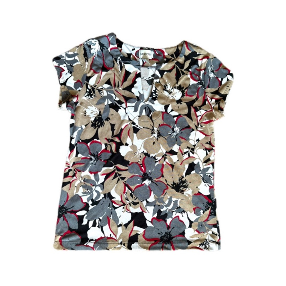 Chico's Floral Split Neck Top Size 1 (M) Taupe Black Gray Red Stretch Blouse